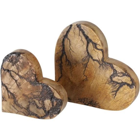Tree of Life Embellished Hearts, Set 2,Carved Mango Wood, Rustic Incised Branch Pattern, 6.25 and 4.75 Inches