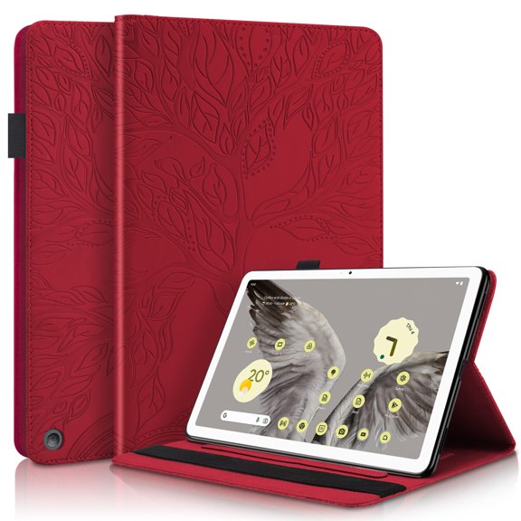 Tree of Life Embossed Case for Google Pixe Tablet Stand, Card Slots, Stylus Loop Red
