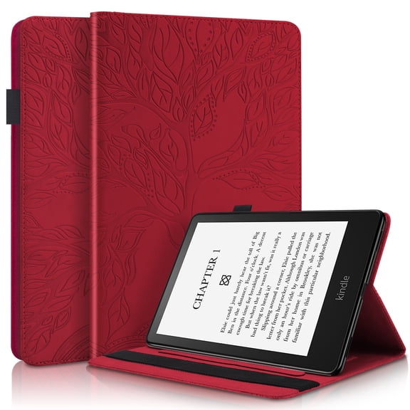 Tree of Life Embossed Case for Kindle 6(2022) Stand, Card Slots, Stylus Loop Red