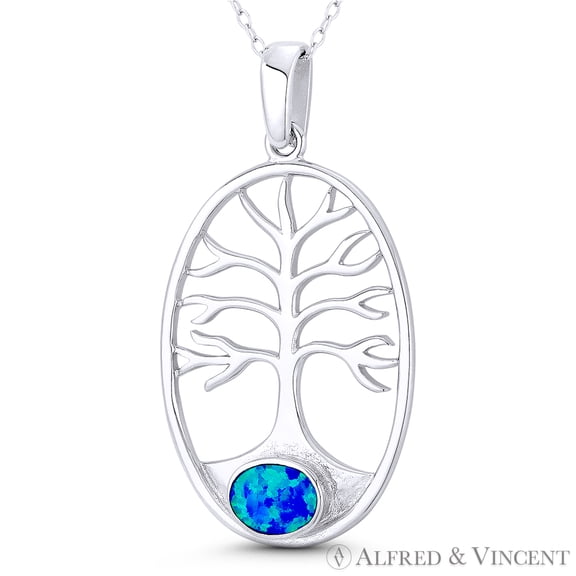 Tree-of-Life Etz Chaim Created Opal 42x23mm (1.7x0.9in) Pendant & Chain Necklace in .925 Sterling Silver w/ Rhodium