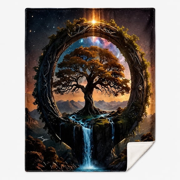 Tree of Life Fleece Blanket – Mystical Waterfall Celestial Print | 280GSM Soft Throw | 4 Sizes