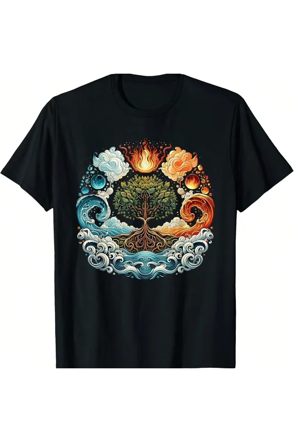 Tree of Life Four Elements Graphic T-Shirt - Nature Inspired Spiritual Sacred Geometry Art Tee - Retro Fire Water Air Earth Unisex Apparel