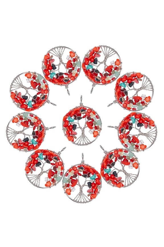Tree of Life Gemstone Big Pendants with Platinum Plated Brass Findings 63x51x8mm Hole: 4mm 10pcs/box for DIY