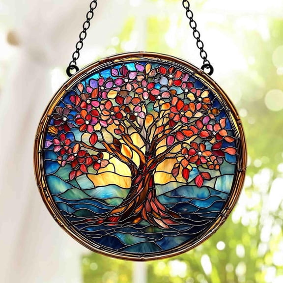 Tree of Life Glass Suncatcher, Celtic Tree Decor Wildlife Memorial, 6.3 in