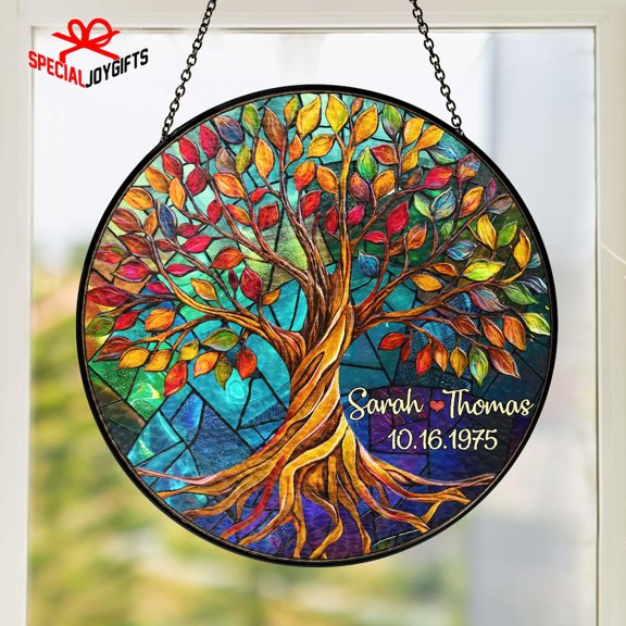 Tree of Life Glass Suncatcher v28, Anniversary Window Art, Family Nature Decor, 7.9 in