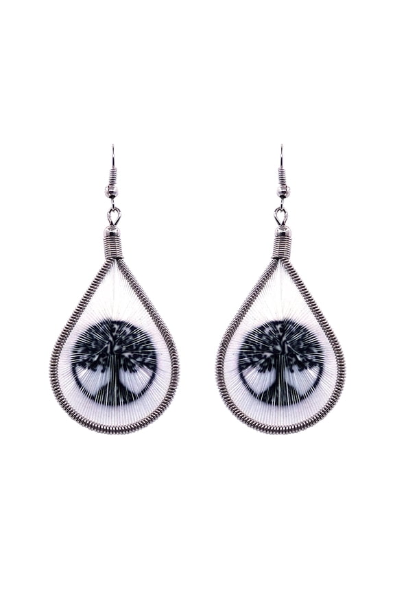 Tree of Life Graphic Silk Thread Teardrop Dangle Earrings - Womens Fashion Handmade Jewelry Spiritual Accessories