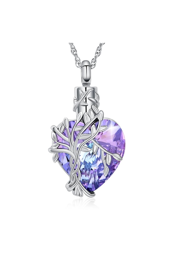 Tree of Life Heart Urn Necklace for Men Women Heart Cremation Jewelry with Birthstone Crystal Memorial Keepsake Jewelry Gifts for Human Adult Ashes