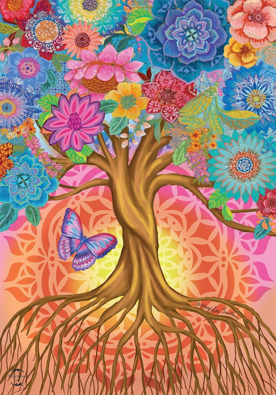 Spring Floral Butterfly Tree of Life Rectangular Polyester Flag