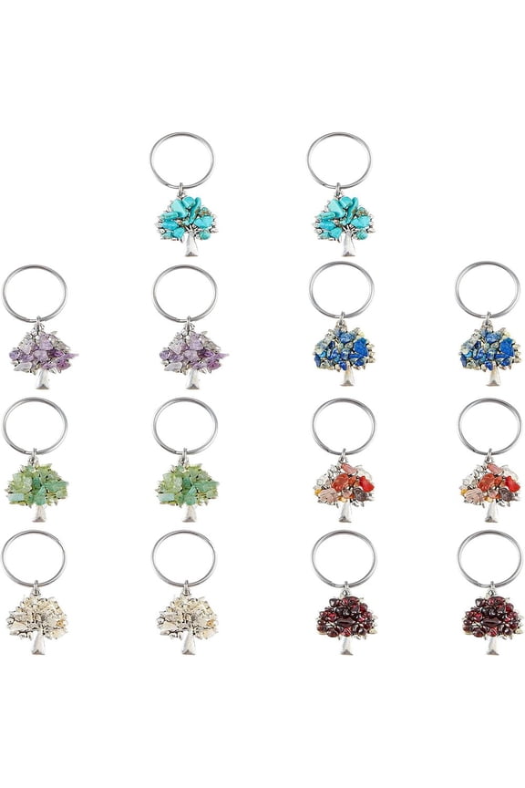 Tree of Life Keychain Chip Gemstone Keychain Natural Stone Keychain Pendants with Split Key Rings