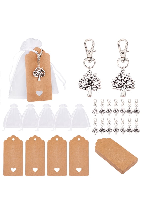 Tree of Life Keychain Set Including 24Pcs Keychains 24Pcs Display Paper Cards and 24Pcs Organza Bags Silver Alloy Keychain: 60mm diy