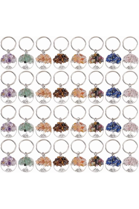 Tree of Life Keychains Bulk Mixed Stone Tree of Life Key Chain Charms Gemstone Trees Pendant Charms Key Accessories Gray