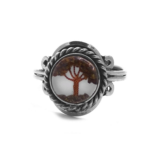 Tree of Life Mini Round Acrylic Chip Stone Inlay Silver Metal Rope Edge Adjustable Ring - Womens Fashion Handmade Jewelry Boho Accessories