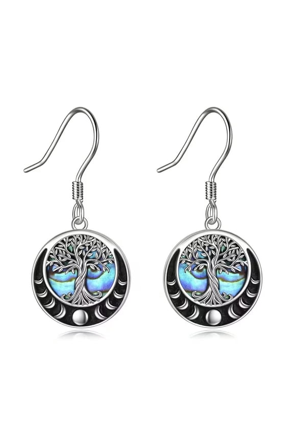 Tree of Life Moon Phase Dangle Earrings Sterling Silver Abalone Inlay Gift Ideas