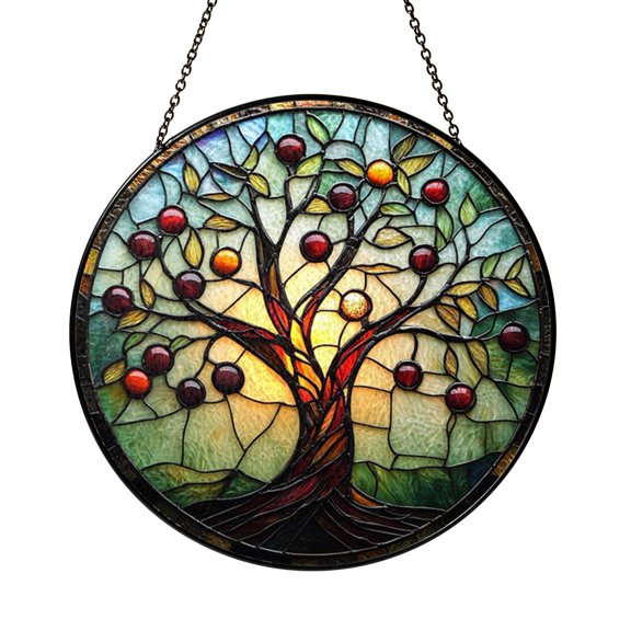 Tree of Life Moon Phase Stained Glass Window Hanging, Round Decorative Panel for Natural Theme Interior Wall Decor