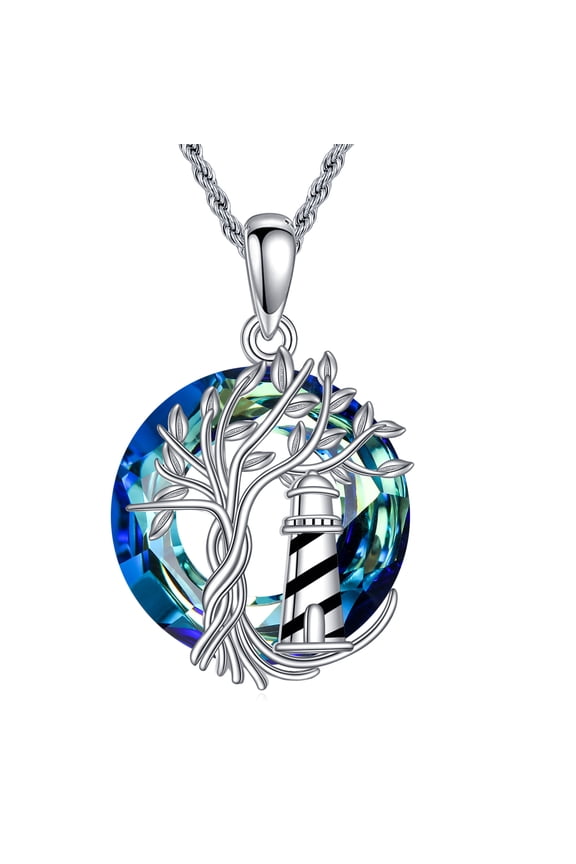 Tree of Life Necklace 925 Sterling Silver Crystal Lighthouse Tree of Life Pendant Necklace Crystal Jewelry Gifts for Women Men