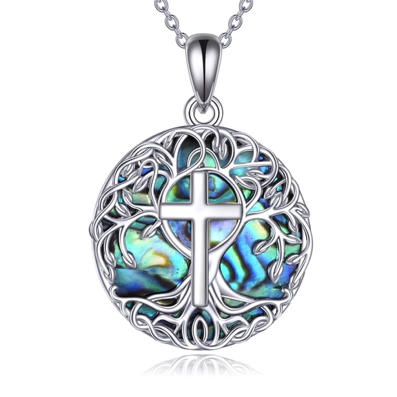 Tree of Life Necklace Sterling Silver Religious Cross Pendant Abalone Shell Celtic Jewelry Gifts for Women Men
