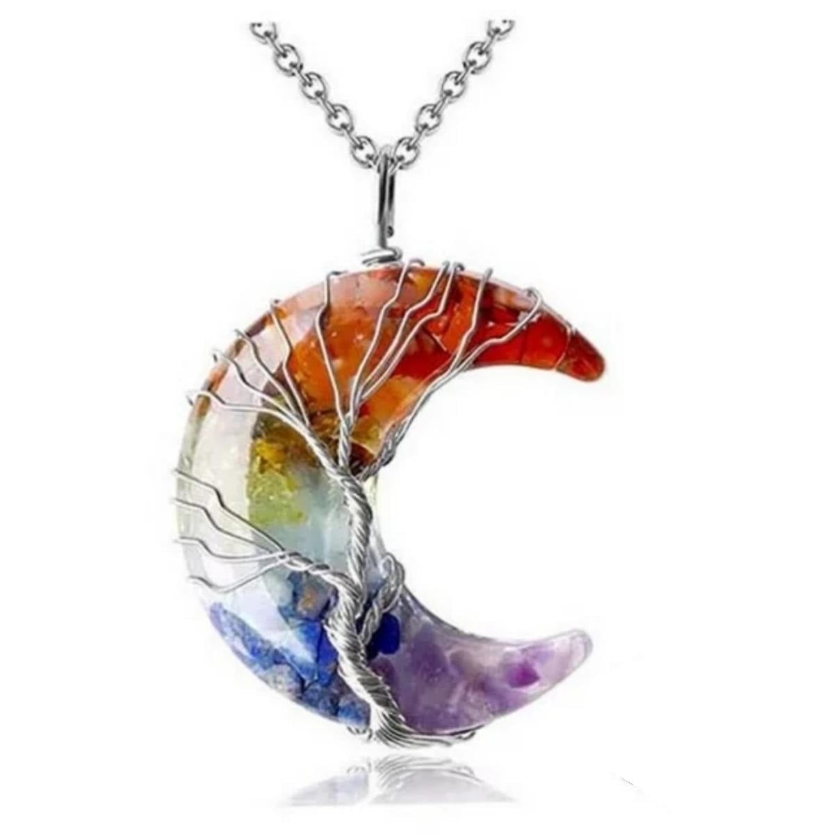 Tree of Life Necklace Wire Wrapped Crescent Moon Stone Pendant Necklaces ,7 Chakra Healing Crystal Necklace  Jewelry for Women
