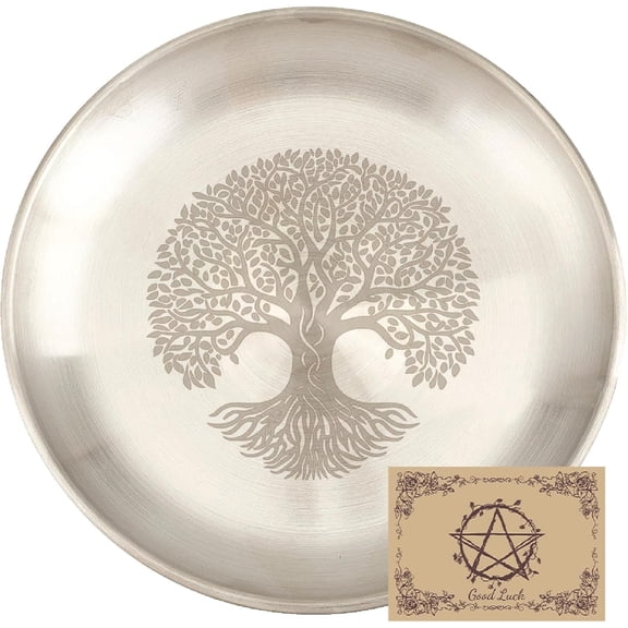 Tree of Life Offering Bowl Ritual Plate Stainless Steel Flat Bowl Round Tray Dish Holder with Card Silvery Jewelry Dish for Smudging Incense Gold