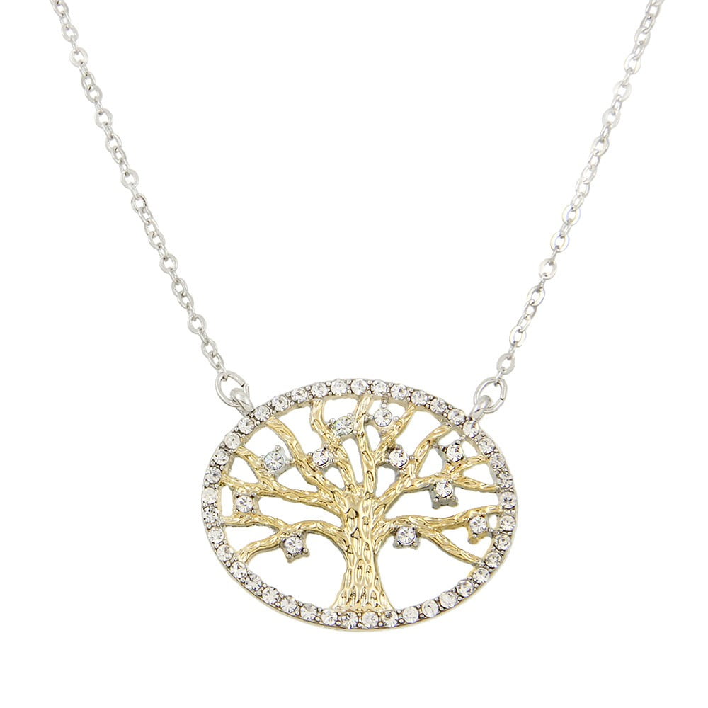 Tree of Life Pendant Necklace Clear Rhinestone Crystal Gold