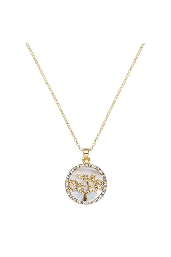Tree of Life Pendant Necklace Rhinestone Crystal Mother of Pearl Shell Gold Rhodium Plated 17 Inch Link Chain J1038-G
