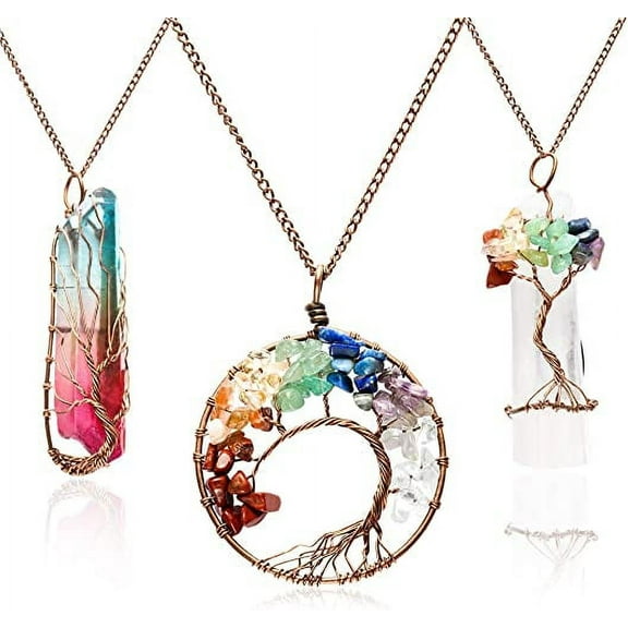 Tree of Life Pendant Necklaces Natural Stone Necklace, Sweater Chain - Set of 3