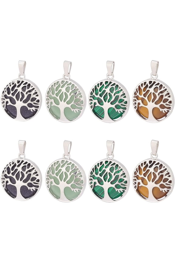 Tree of Life Pendant Stone Charms Natural Gemstone Pendant Flat Round Quartz Charms grey