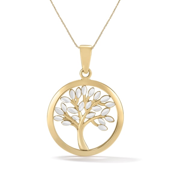 Tree of Life Pendant for Women, Diamond-Cut for Extra Shine in 14K Two-Tone Gold with a Matching Adjustable Genuine Gold Chain, Length 18-20"