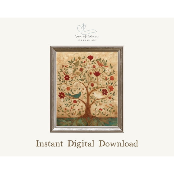 Tree of Life Poster Vintage Birds Botanical Folk Art, Earth Tone Rustic Wall Art Poster, Unframed Poster Size 8x12 F03.1.18l1701