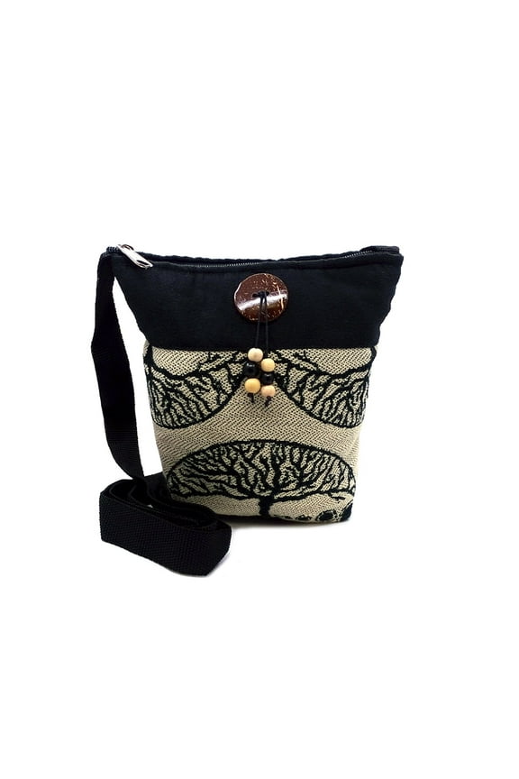 Tree of Life Print Pattern Coconut Bead Dangle Cushioned Square Purse Crossbody Bag - Women Fashion Handmade Boho Accessories