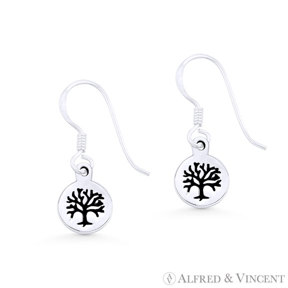 Tree-of-Life Religious Charm Dangling Hook Earrings in .925 Sterling Silver