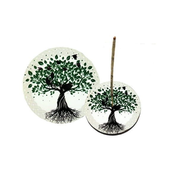 Tree of Life Round Wooden Ash Catcher Incense Stick Stand 4"