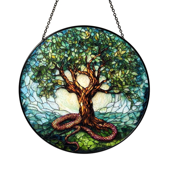 Tree of Life Serpent Symbol Stained Glass Style Window Suncatcher Decor, Colorful Spiritual Art Gift for Meditation Space