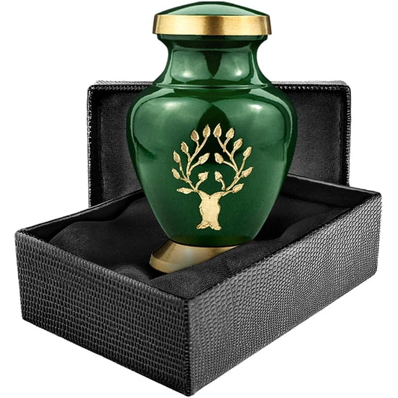 Tree of Life Small Mini Keepsake Urn for Human Ashes - Qnty 1 - Small Beautiful Classic Green and Gold - with Case and Velvet Bag