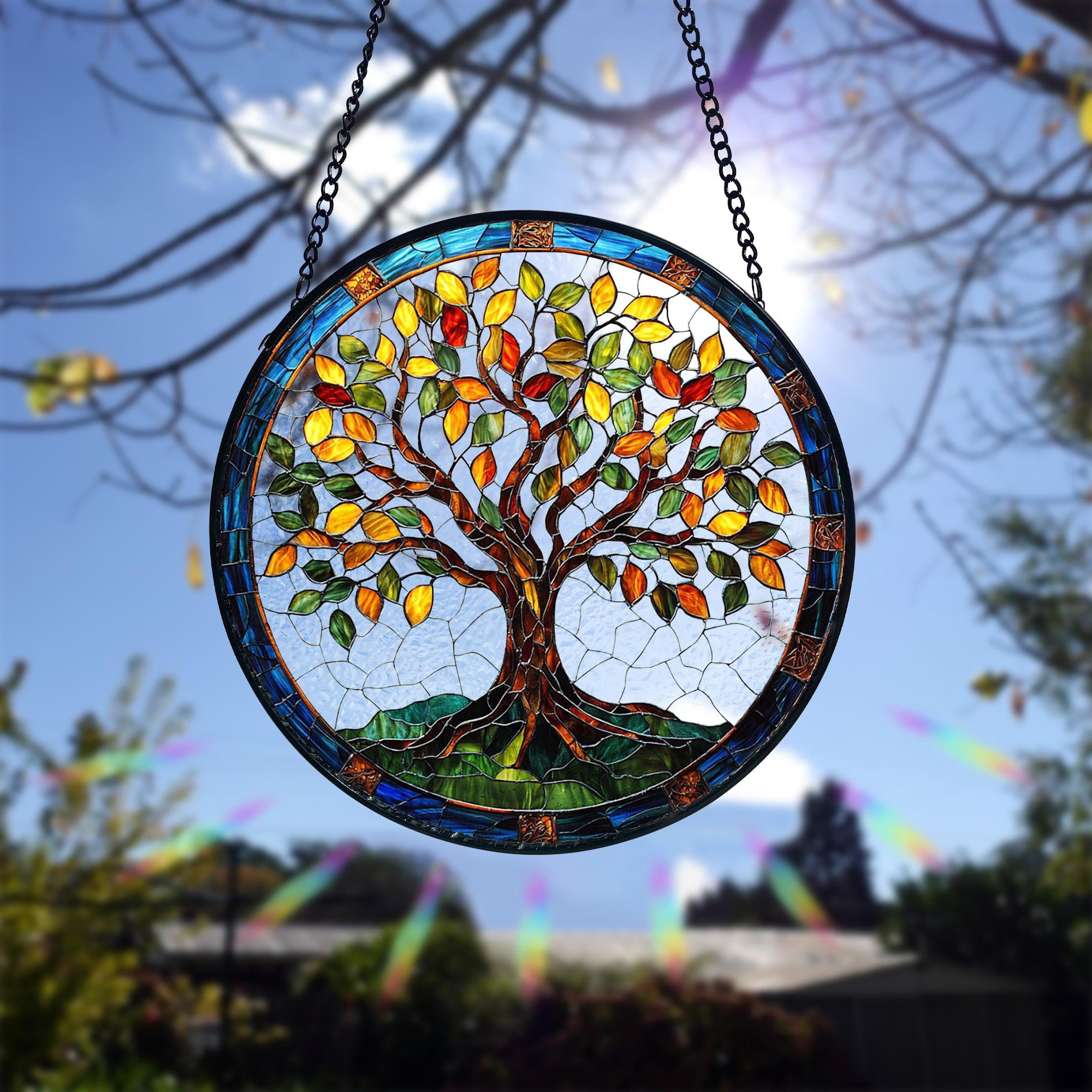 Tree of Life Stained Glass Suncatcher, Colorful Leaves Window Hanging ...