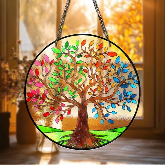 Tree of Life Stained Glass Suncatcher Colorful Window Hanging Boho Nature Decor Spiritual Gift Rainbow Art Panel