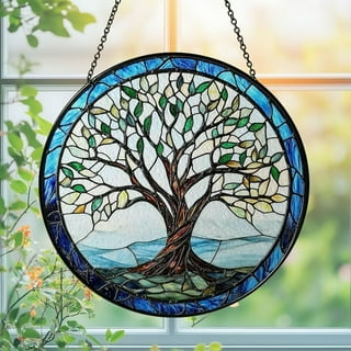 Tree Of Life Stained Glass Suncatcher - Hand-Painted Window Hanging Ornament, 6.3 Inch Home Decor