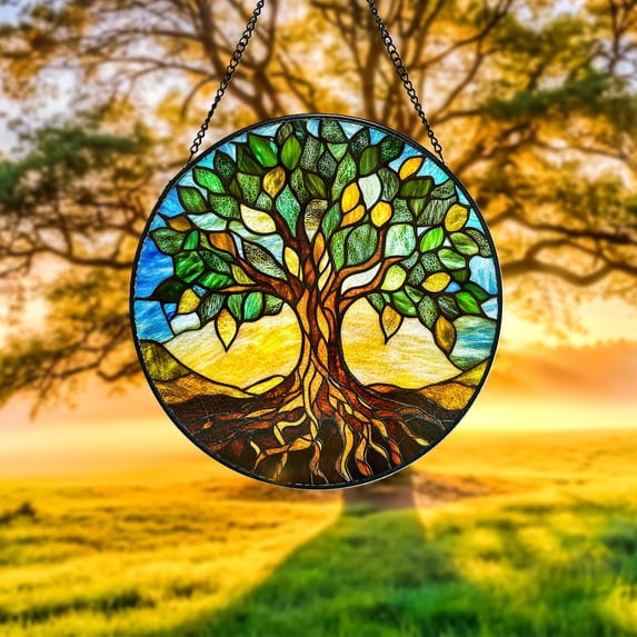 Tree of Life Stained Glass Suncatcher – Spiritual Window Hanging Decor, Nature-Inspired Gift, Sacred Geometry Art for Home & Meditation 1890490091