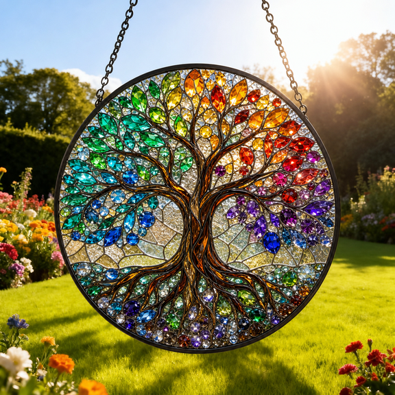 Tree of Life Stained Glass Suncatcher Window Hanging Gift for Mom or Dad
