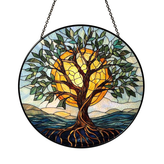 Tree of Life Stained Glass Suncatcher Window Hanging, Sun and Roots Symbol Decor, Meaningful Gift for Her