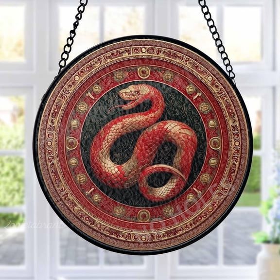 Snake Stained Glass Suncatcher Metal Outdoor Decor Mythological Red Gold Black