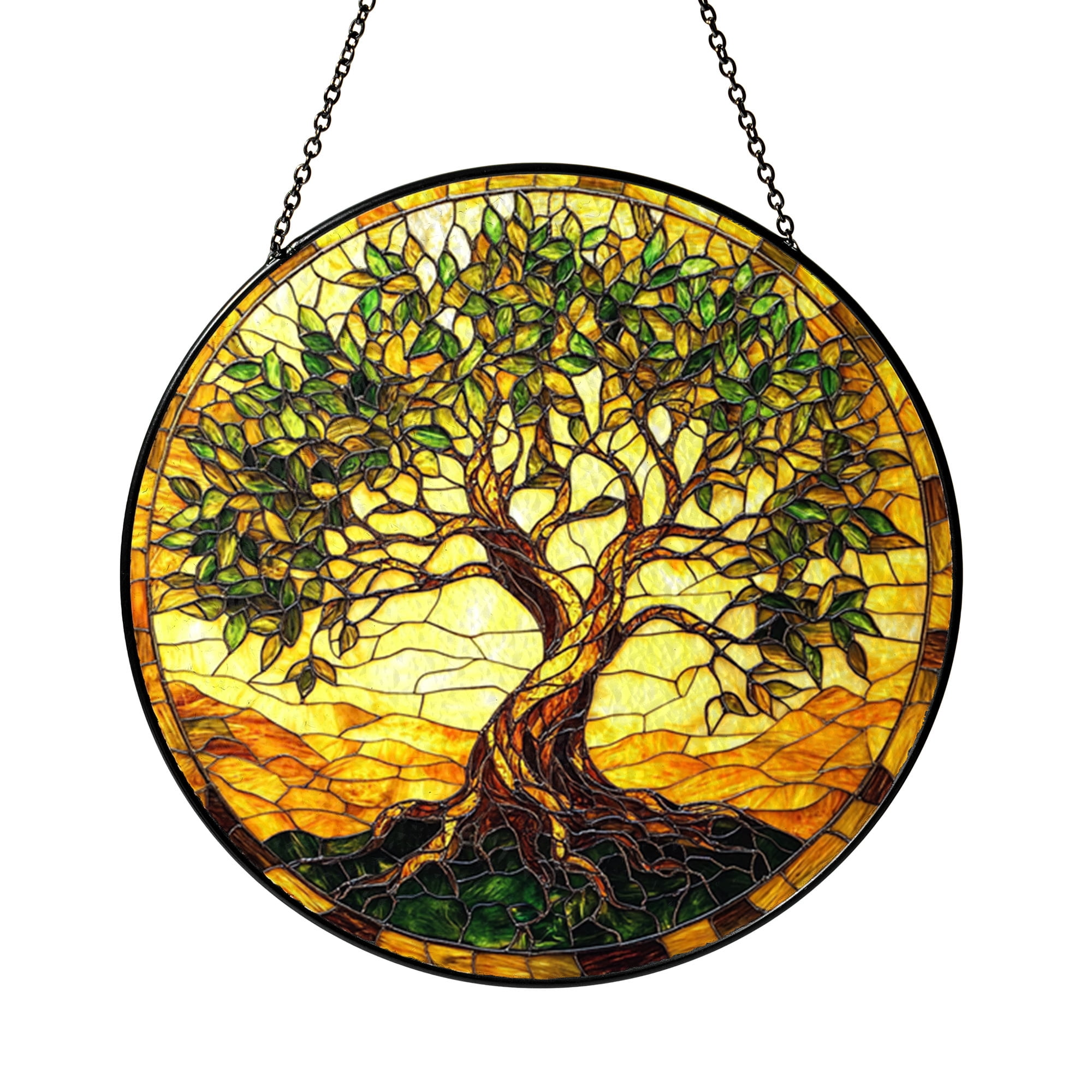 Tree of Life Stained Glass Window Hanging – Warm Earth Tone Glass Art ...