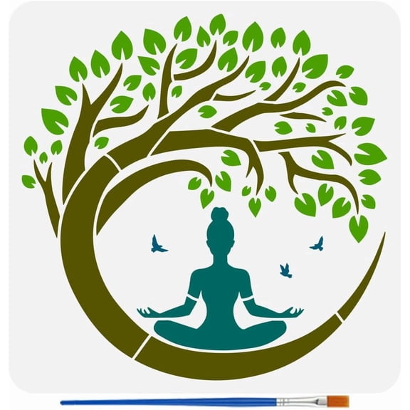 Tree of Life Stencil with a Paint Brush 11.8x11.8Inch Reusable Practitioner Stencil PET Birds Decoration Template Plant Theme Template