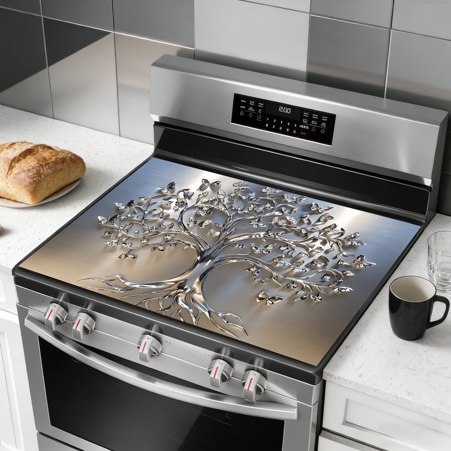 Tree of Life Stove Top Cover for Electric Stove Silver Design Dish Drying Mat 28x20 Inch Decorative Kitchen Protector Fit Under Coffee Maker