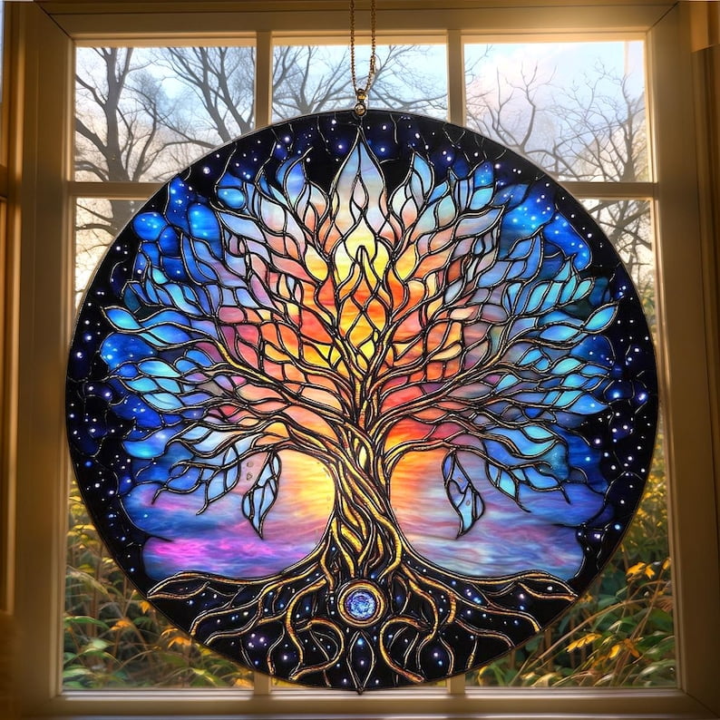 Tree Of Life Stained Glass Suncatcher - Hand-Painted Window Hanging Ornament, 6.3 Inch Home Decor