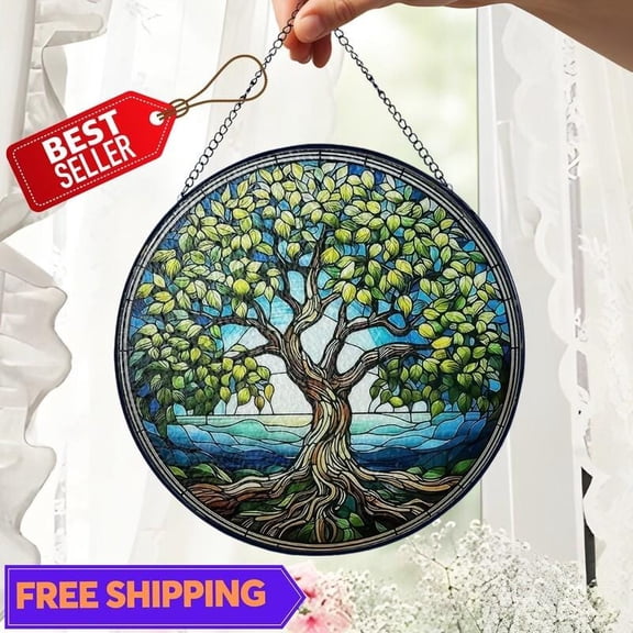 Tree of Life Suncatcher, Glass-Effect Round Celtic Style Panel