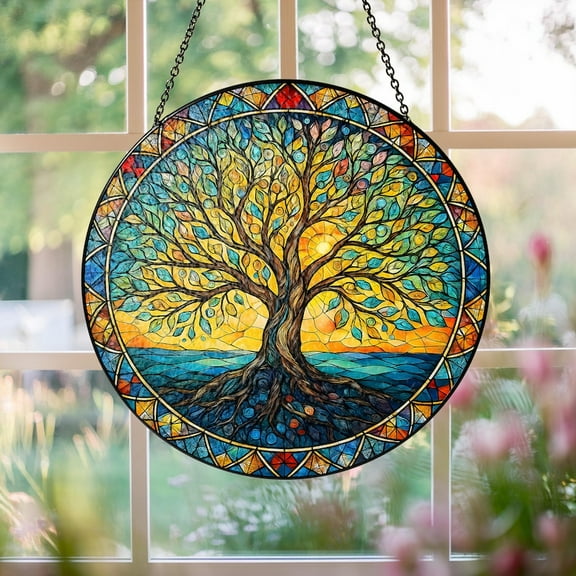 Tree of Life Suncatcher Stained Glass, Tree of Life Light Catcher Window Hanging, World Tree Symbol Art Panel, Spiritual Protection Gift
