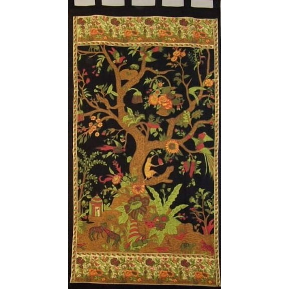 Tree of Life Tab Top Curtain-Drape-Door Panel-Black/Cream by India Arts