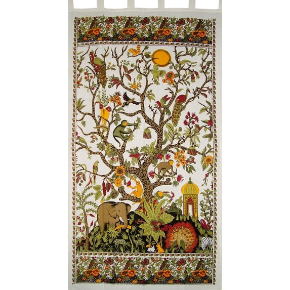 Tree of Life Tab Top Curtain Drape Panel Cotton 44" x 88" White