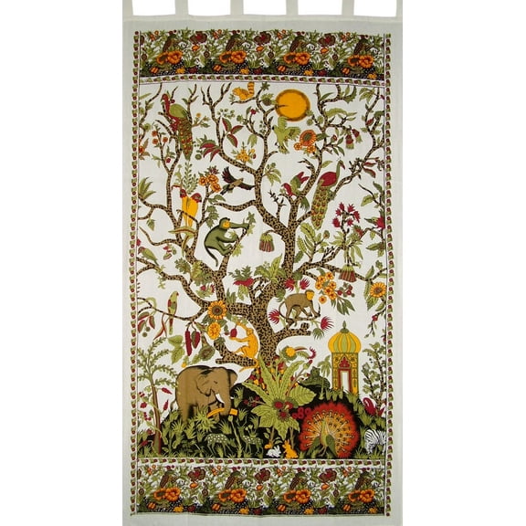 Tree of Life Tab Top Curtain Drape Panel Cotton 44" x 88" White