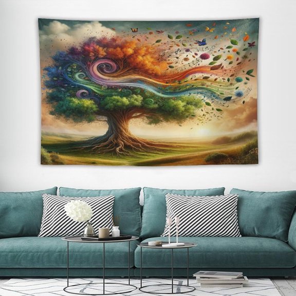 Tree of Life Tapestry Colorful Rainbow Forest Music Note Pattern Wall Hanging 60 x 40 Inch